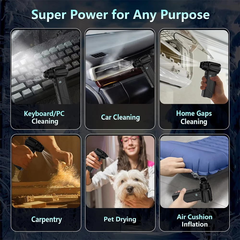 500000 دورة في الدقيقة توربو مروحة منفاخ الهواء المحمولة اللاسلكية منظف الغبار نوع c شحن فرش منفاخ نفاث في الهواء الطلق المنزل نظيفة 5000mAhx2