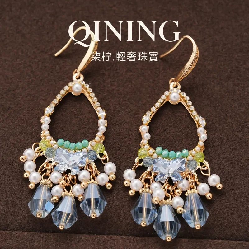 Tinglan feast butterfly, retro crystal water drop fringed ear hook banquet luxury atmosphere earrings light luxury niche