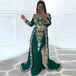 Green Moroccan Caftan Formal Evening Dresses A-line Long Sleeves Appliques Prom Dresses Arabic Party Dresses Customized