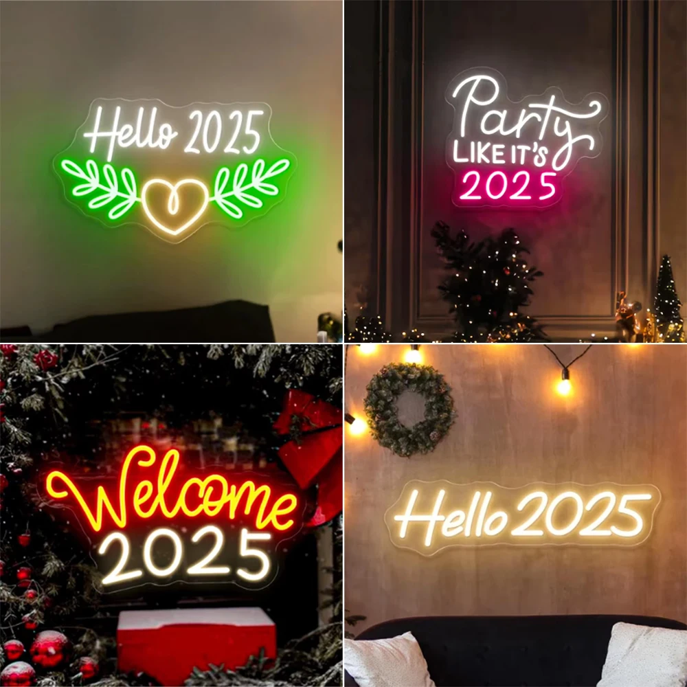 

Happy New Year Neon Sign Hello 2025 Neon Led Light Christmas Dimmable Room Decoration For Party Home Bar Club Shop Wall Decor