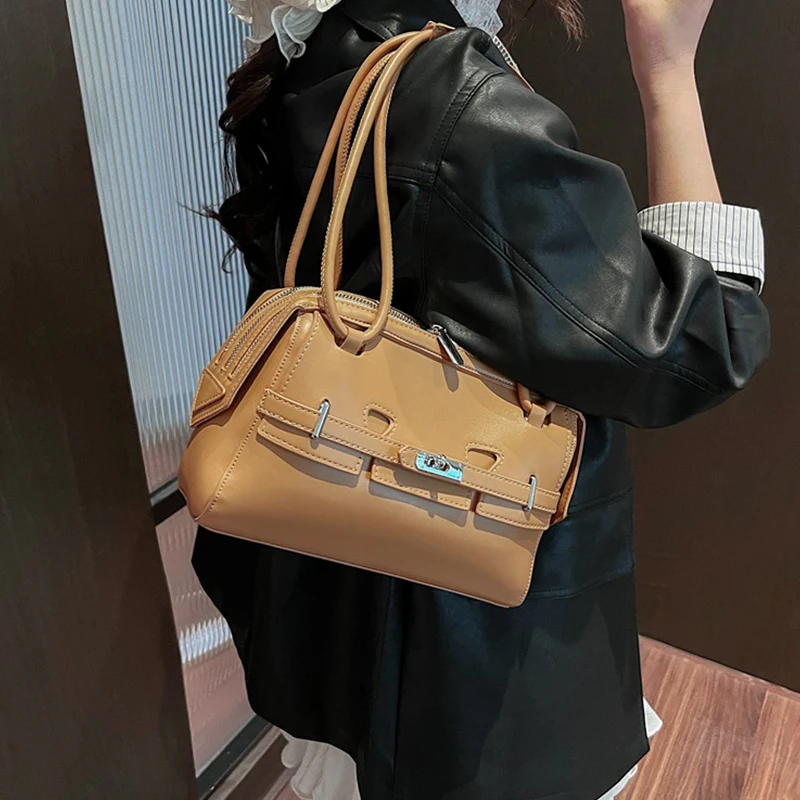 

Women's High-end Shoulder Bag Double Shoulder Strap Design Messenger Bag Ladies Korean Solid Pu Leather Shoulder Crossbody Bag