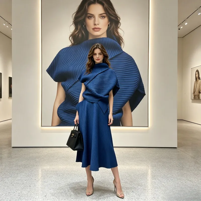 

Miyake Pleated 2026 New Niche Artistic Design Irregular Pleated Set Asymmetric Stand Collar Three-Quarter Sleeve Top Long Skirt