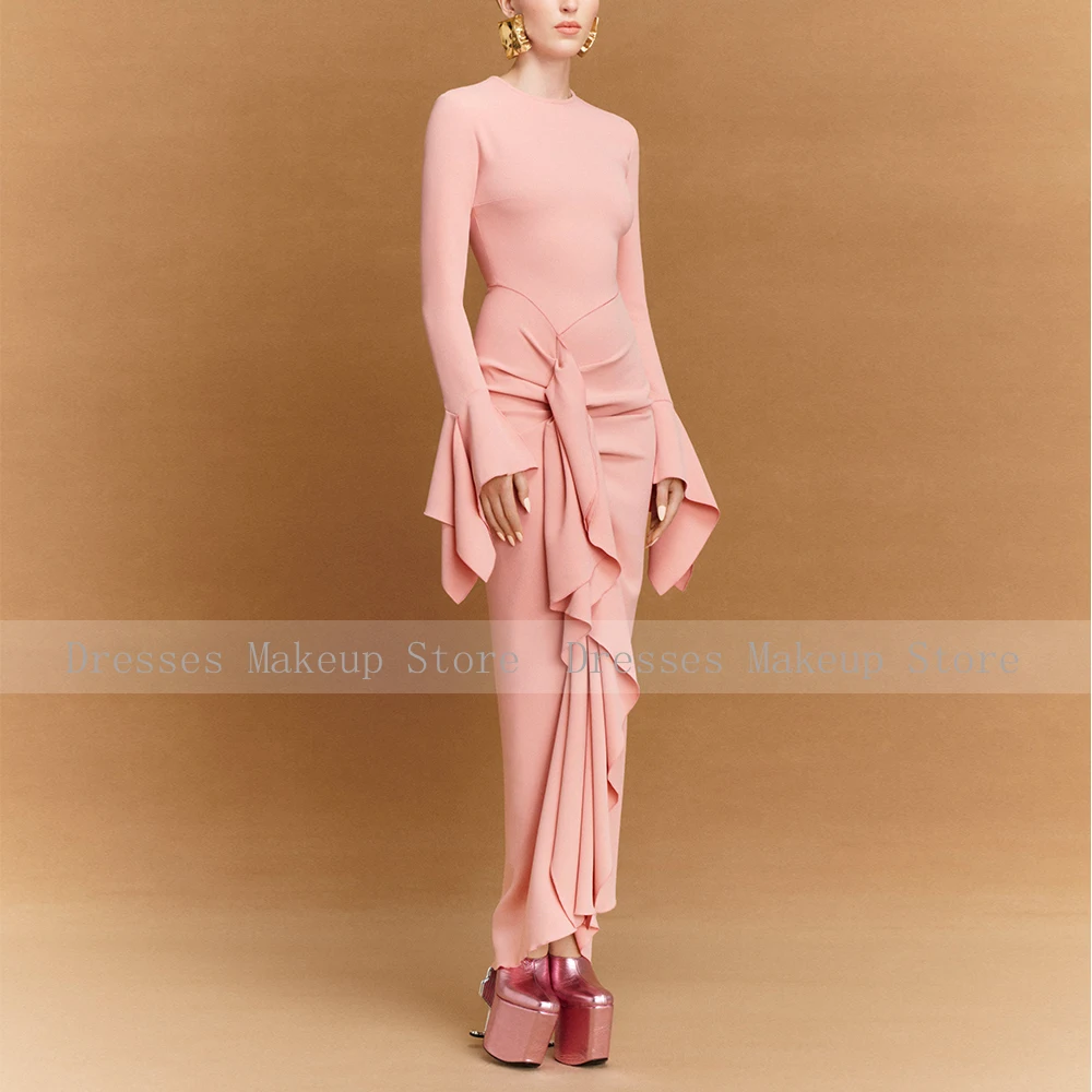 Pink Evening Dress Maxi O Neck Long Sleeves Ruffle Sheath Modest Evening Gowns for Women 2025 Column Formal Party Dresses image 3