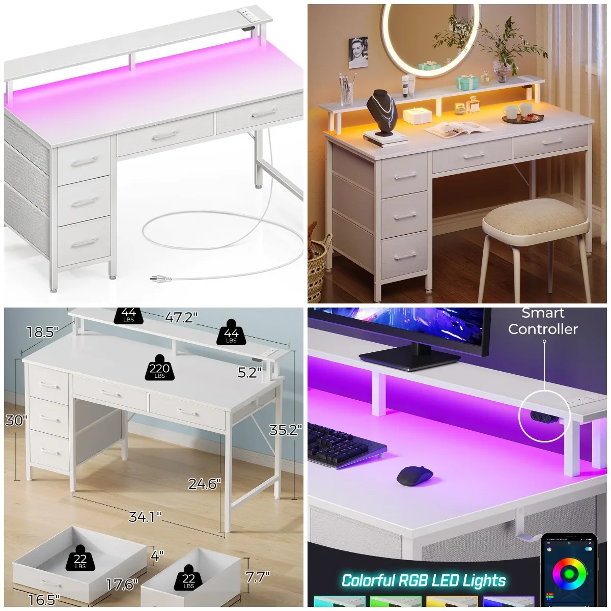 

47' Computer Desk with Power Outlets, LED Light & 5 Drawers, White Home Office Writing Desk with Monitor Stand