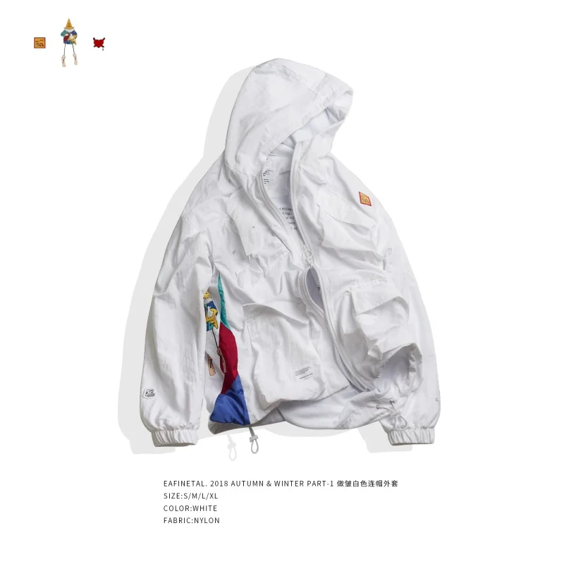 EAFINETAL.19aw Wrinkled White Hooded Jacket College Style Stitching Men And Women Couples Japanese Retro Sunscreen Clothing