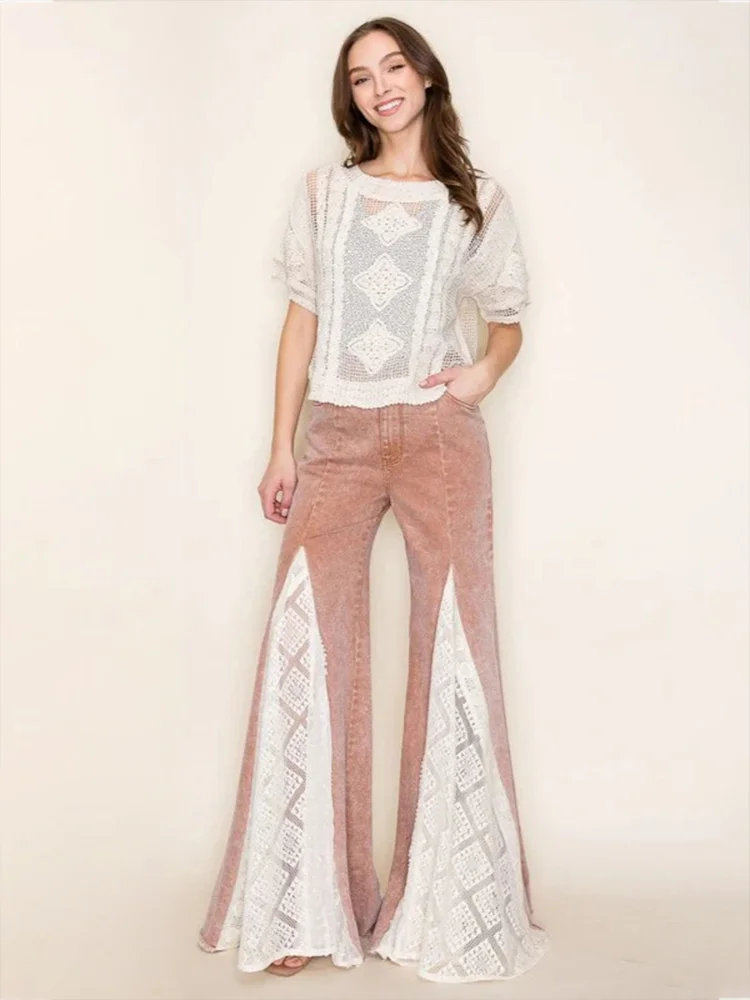 

Женские кружевные лоскутные джинсовые брюки с высокой талией, расклешенные джинсы в стиле ампир с карманами, широкие брюки для осенне-зимней уличной одежды