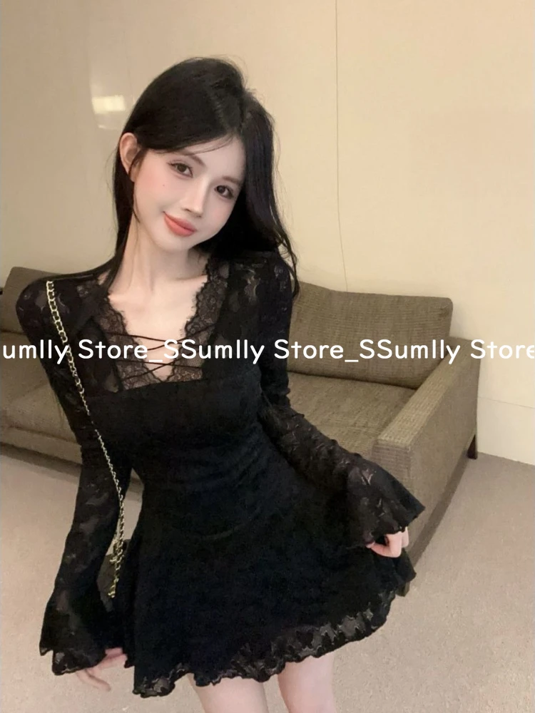 Korean Sexy Hollow Out Lace Long Sleeved Dress Black Fashion Design Thin Slim Dressses Hot Girl Spring Chic Skinny Y2k Clothing