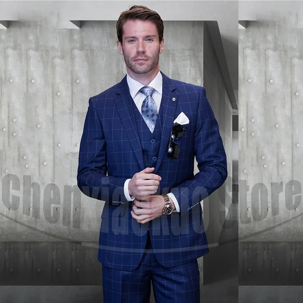 

New Arrival Plaid Men Suits 3 Piece Notch Lape Single Breasted Clothing Business Casual Daily Costume Homme (Blazer+Pants+Vest)