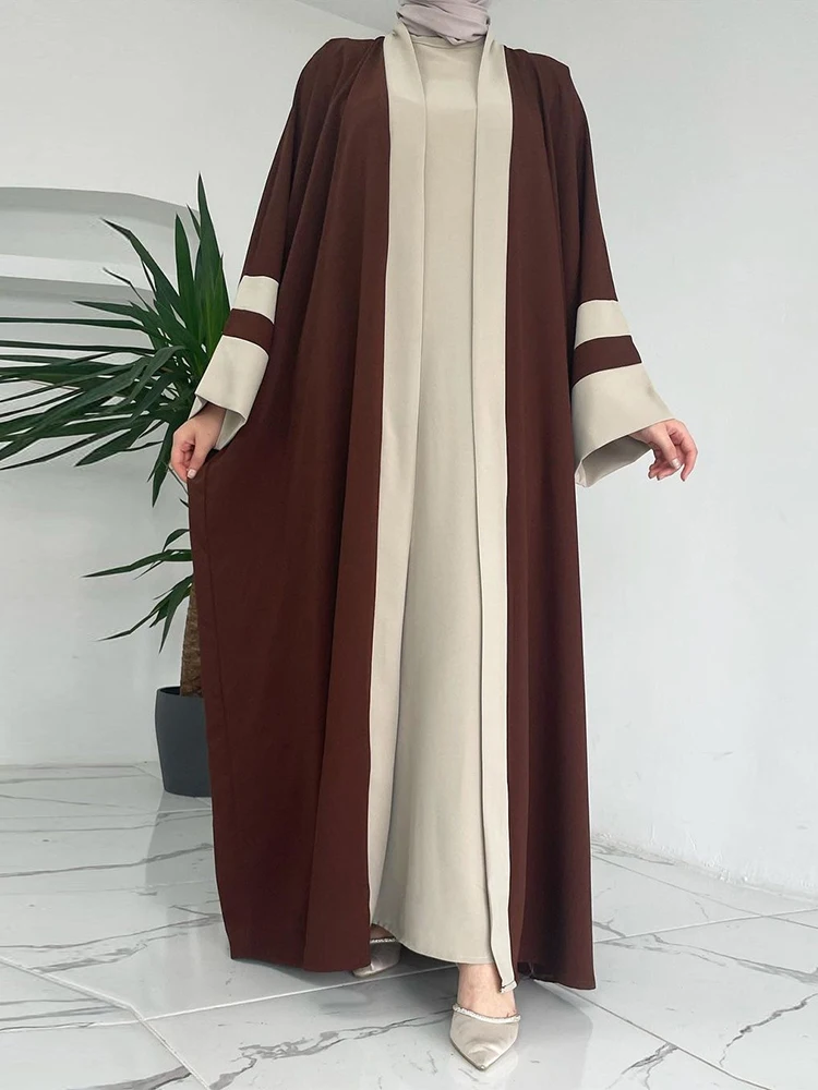 Dubai Muslim Ramadan Women 2 Set Solid Casual Sleeveless Dress And Open Kimono Abaya Fashion Contrast Color Turkish Kaftan