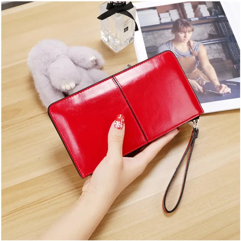 Korean Style Women Long Oil Wax PU Leather Wallet Zipper Wristlet Purse Large Capacity Ladies Card Holder Clutch Handbag
