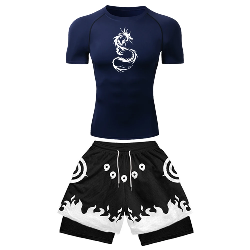 2PCS Men's Anime Gym Set Dragon Compression Shirt & 3D Printed 2-in-1 Shorts Workout Suit Fitness Sportswear with Inner Lining