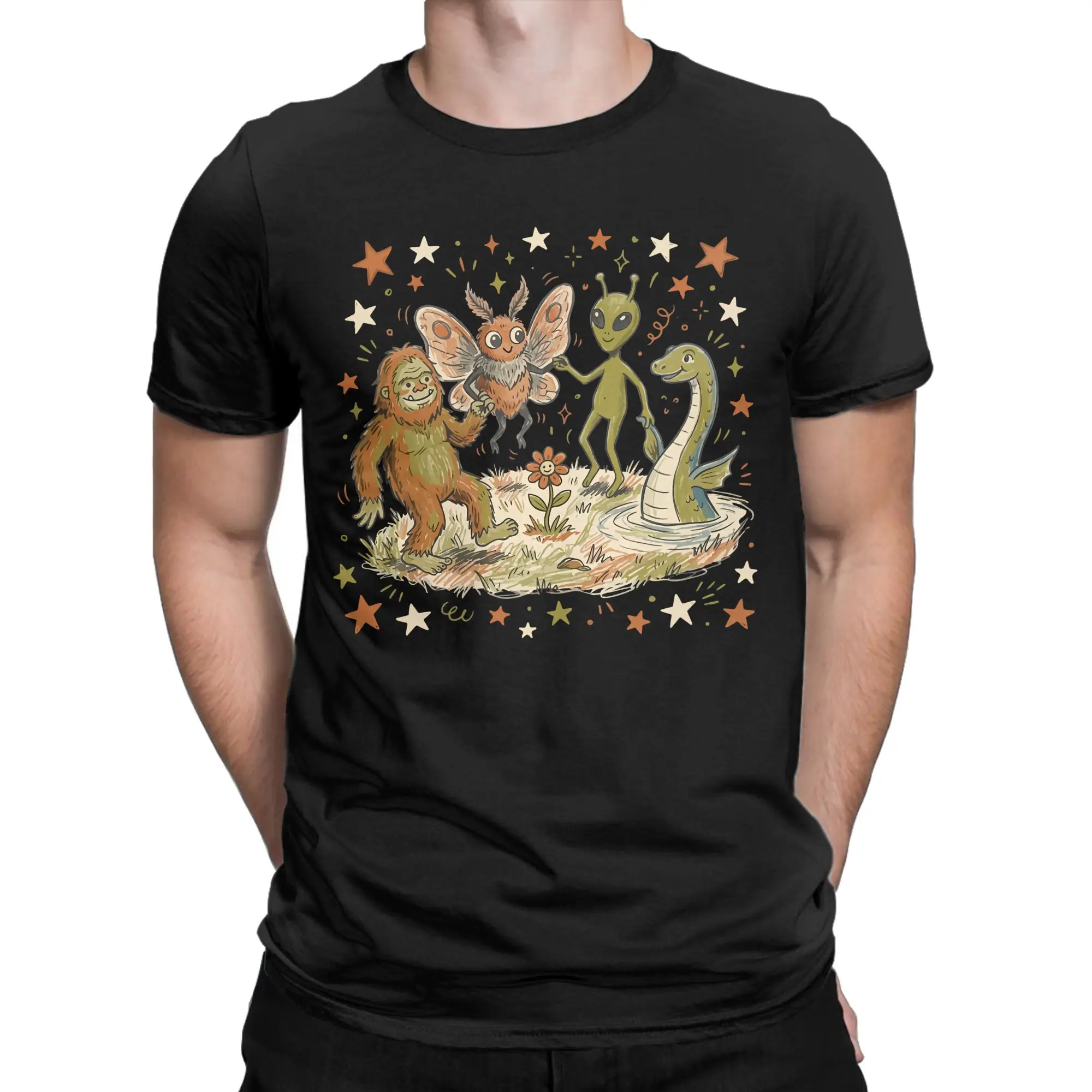Harajuku Dancing Cryptids Bigfoot Alien Mothman Loch Ness T-Shirt For Men Women Cotton Short Sleeve  Round Neck Summer Clothing