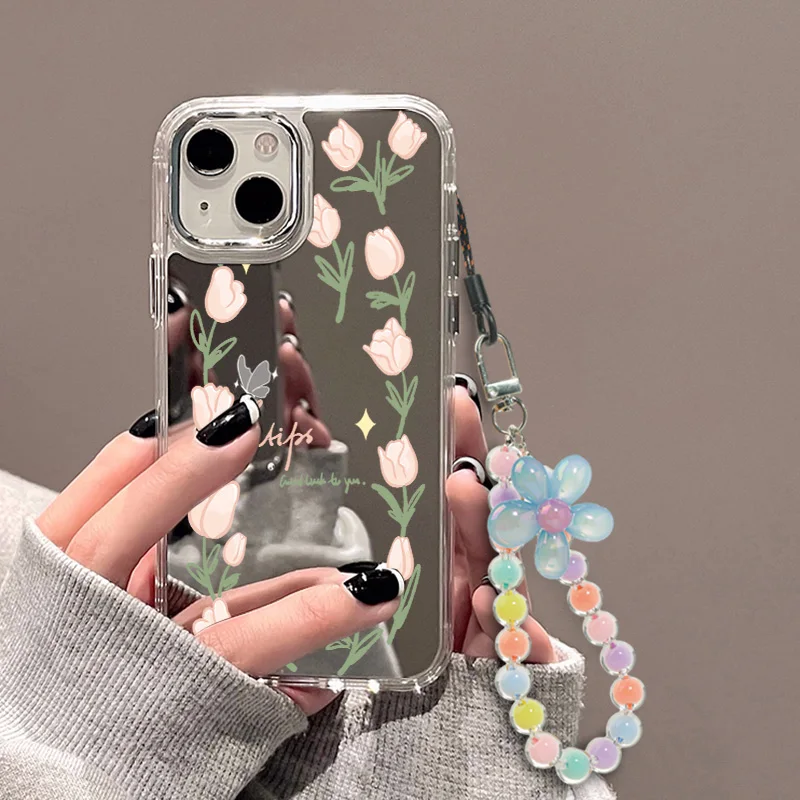 해바라기 구슬 팔찌 다채로운 랜야드 메이크업 미러 폰 케이스, 아이폰 15 케이스, 아이폰 11 13 12 14 15 프로 맥스 X XS 커버