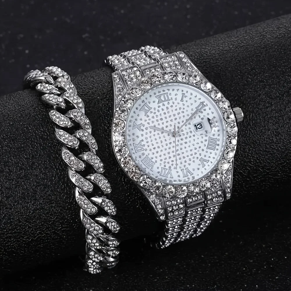 2pcs/set, Rhinestone Studded Calendar Ladies Quartz Watch And 1pc Rhinestone Jewelry Set