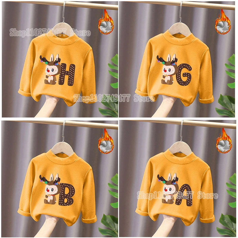 Cartoon letter Labubu kids long sleeved T-shirt cut POP Mart autumn winter double-sided brushed warm top round neck clothing