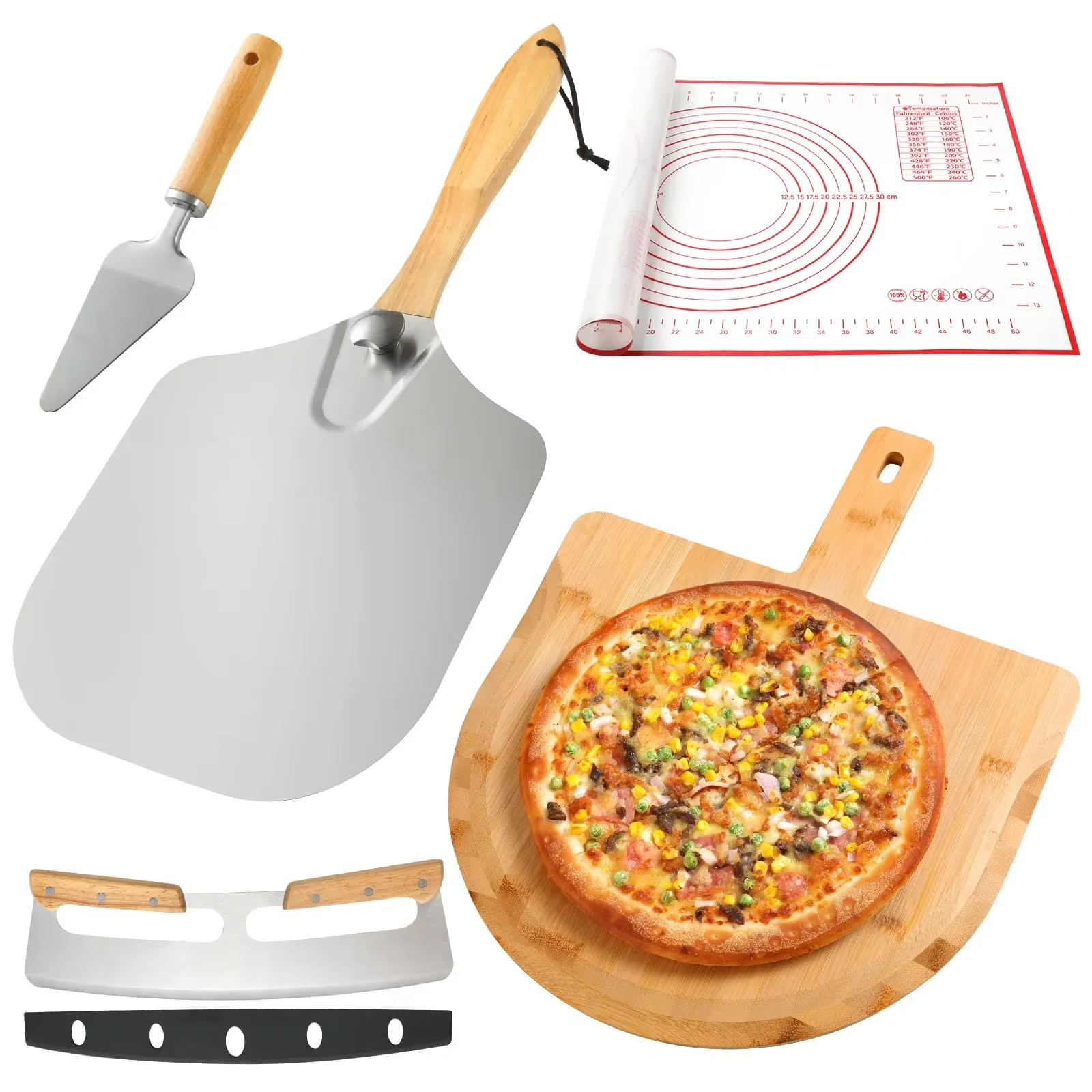 

Authentic Bamboo Pizza Peel Wood Natural Bamboo Pizza Paddle With Easy Glide Edges & Handle Aluminum Pizza Set