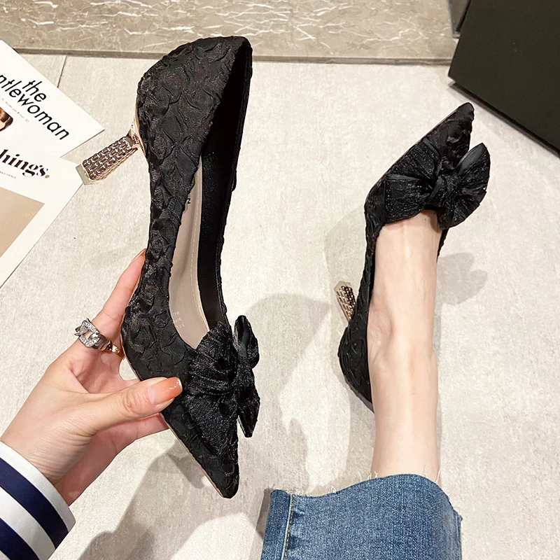 Green Silk Bowtie High Heels Pumps for Women Sexy Pointed Toe Metal Stiletto Heels Wedding Party Shoes Woman 2024 Spring Bombas