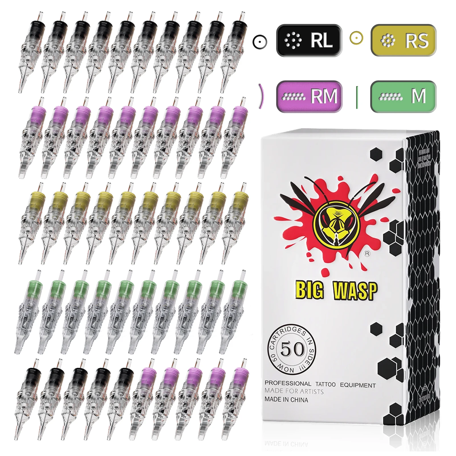 

BIGWASP Brand 50PCS Mixed Tattoo Needles 0.3/0.35mm Professional Disposable Safety Makeup Cartridges Tattoo Supplies RL/RS/RM/M1