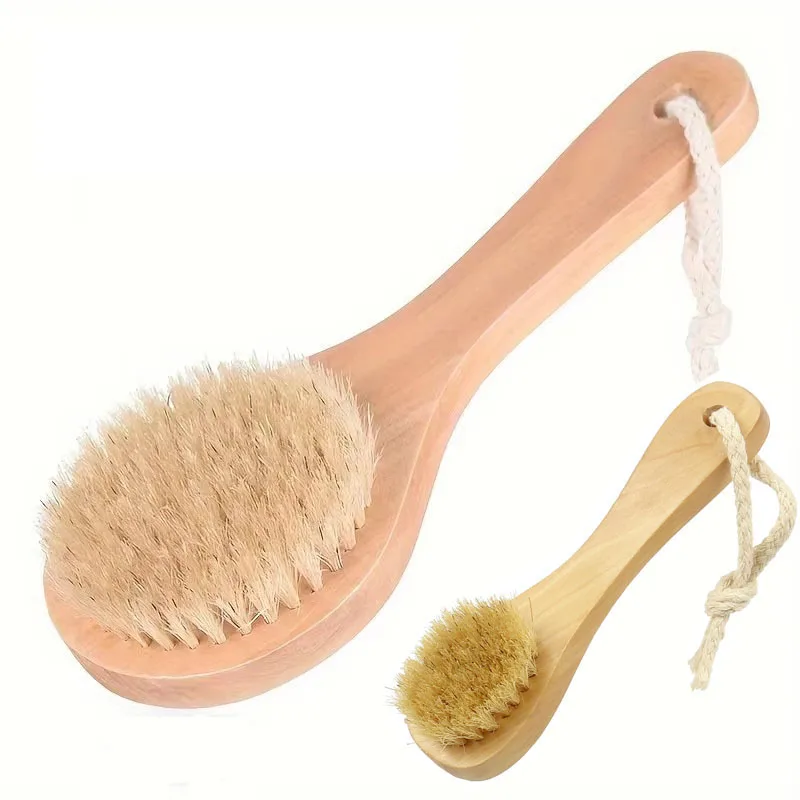 1/2Pcs Short Handle Massage Bath Brush, Bathroom Product Scrub, Wooden Handle Soft and Hard  Face Cleanning Brush