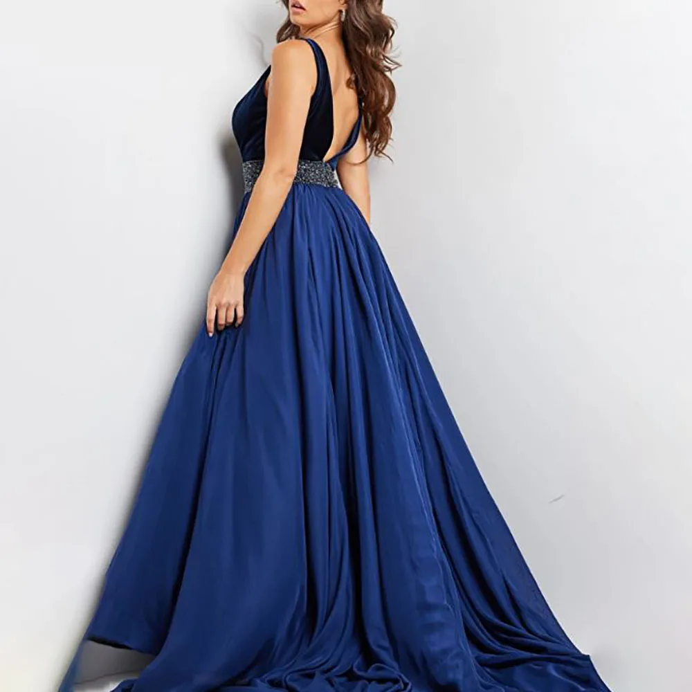 A-Line Chiffon Low V Open V Back Wide Sleeveless Embellished Belt Sweep Train Prom Dress