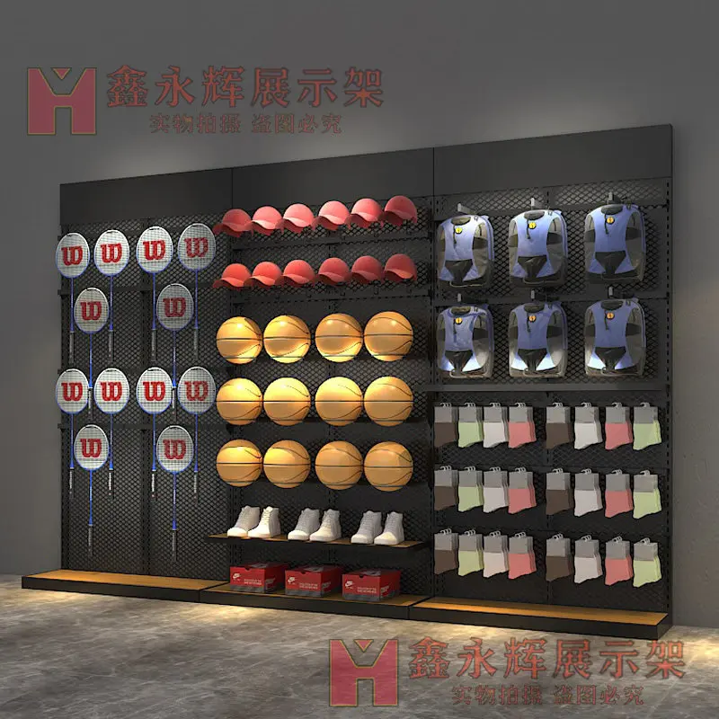 Shoe store Clothing store Showroom shelves Badminton table tennis socks Backpack hat display rack Sporting goods container