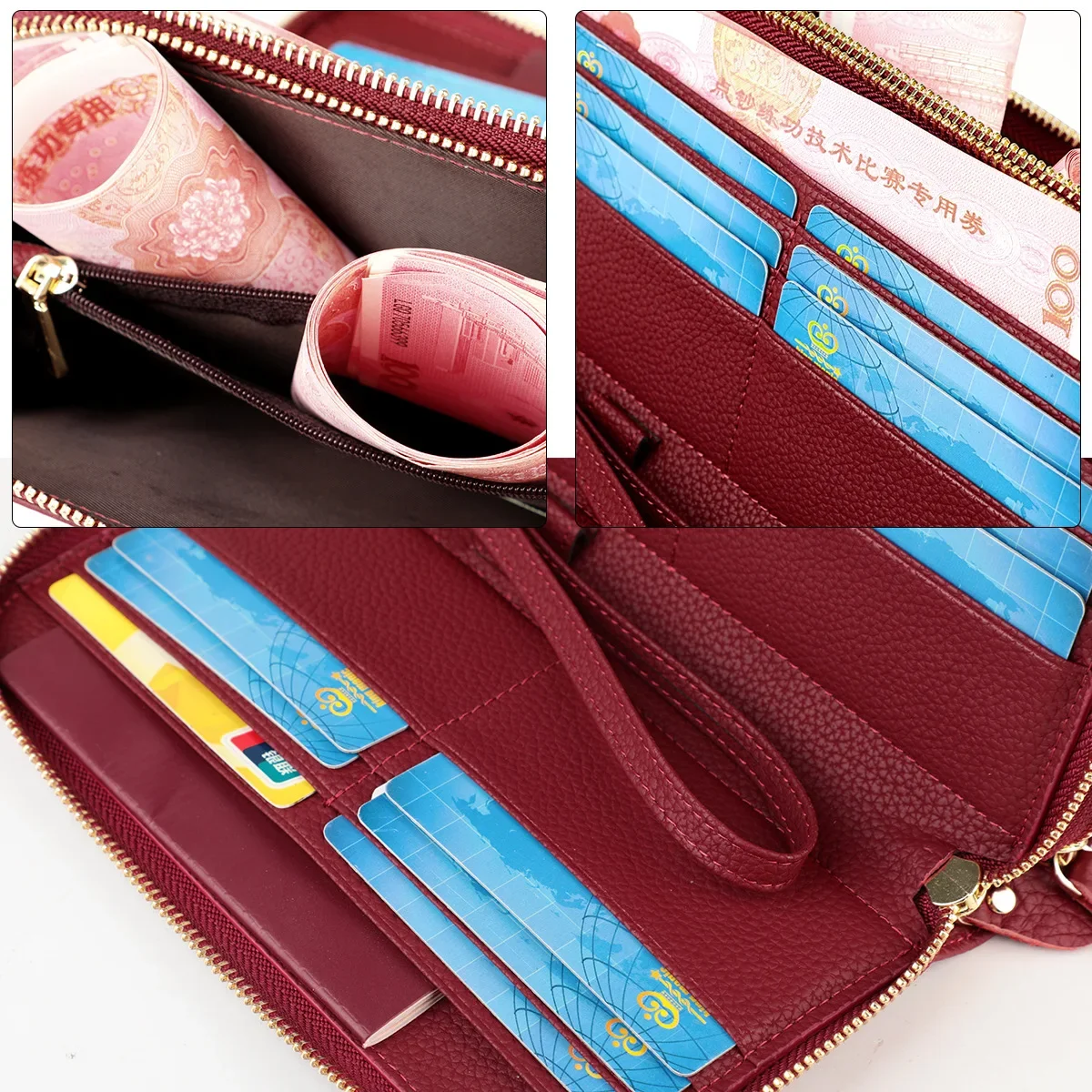Womens Large Capacity Genuine Leather RFID Blocking Wallets Wristlet Clutch Card Holder Phone Pocket Double Zipper Long Wallet