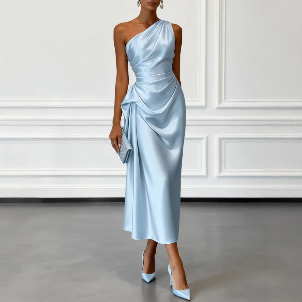 Women Slanted Neck Draped Summer Long Dress Simple Solid Sleeveless Commuting A-line Dresses Satin Asymmetric Slim Evening Dress