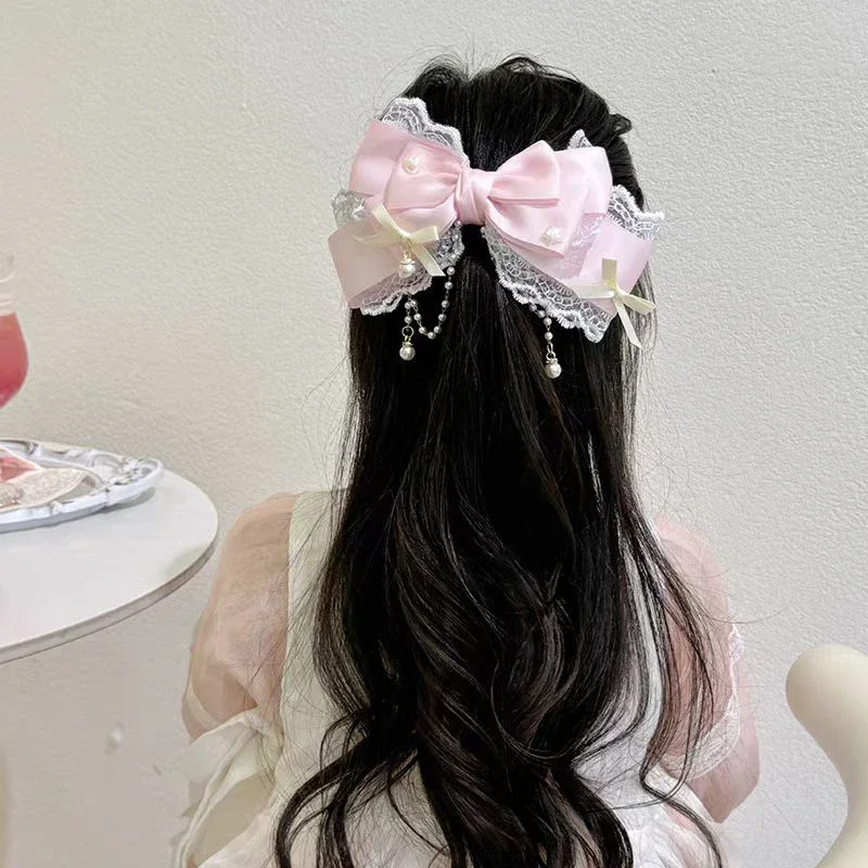Niedliche, einfarbige Haarspange mit Schleife, Spitze und Perlenkette für Mädchen, süßer Haarschmuck, Prinzessinnen-Stirnband, Haarnadel, modische Haaraccessoires