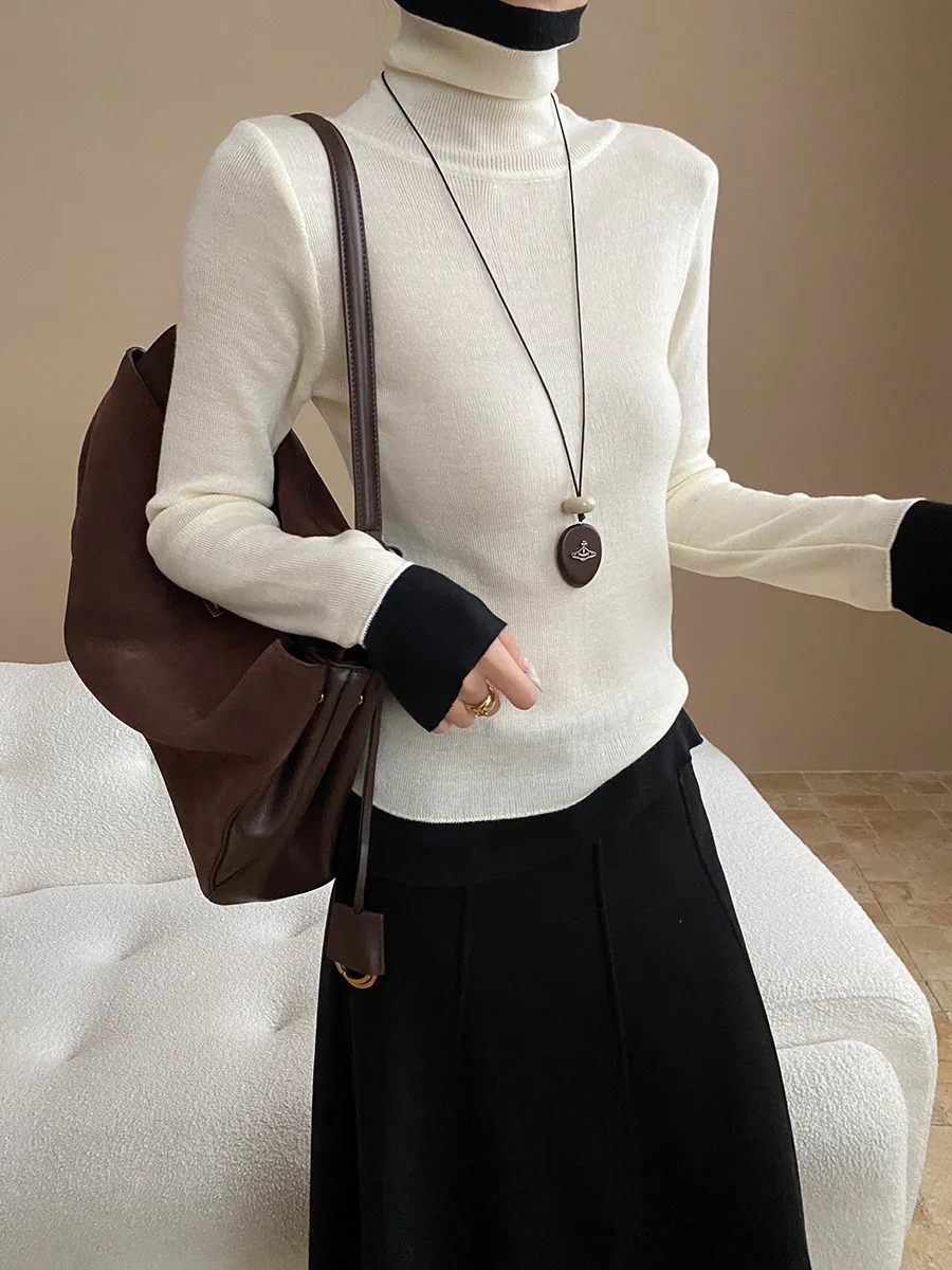 

Женский повседневный однотонный французский контрастный свитер с высоким воротником и ворсом, облегающий и утягивающий базовый вязаный свитер