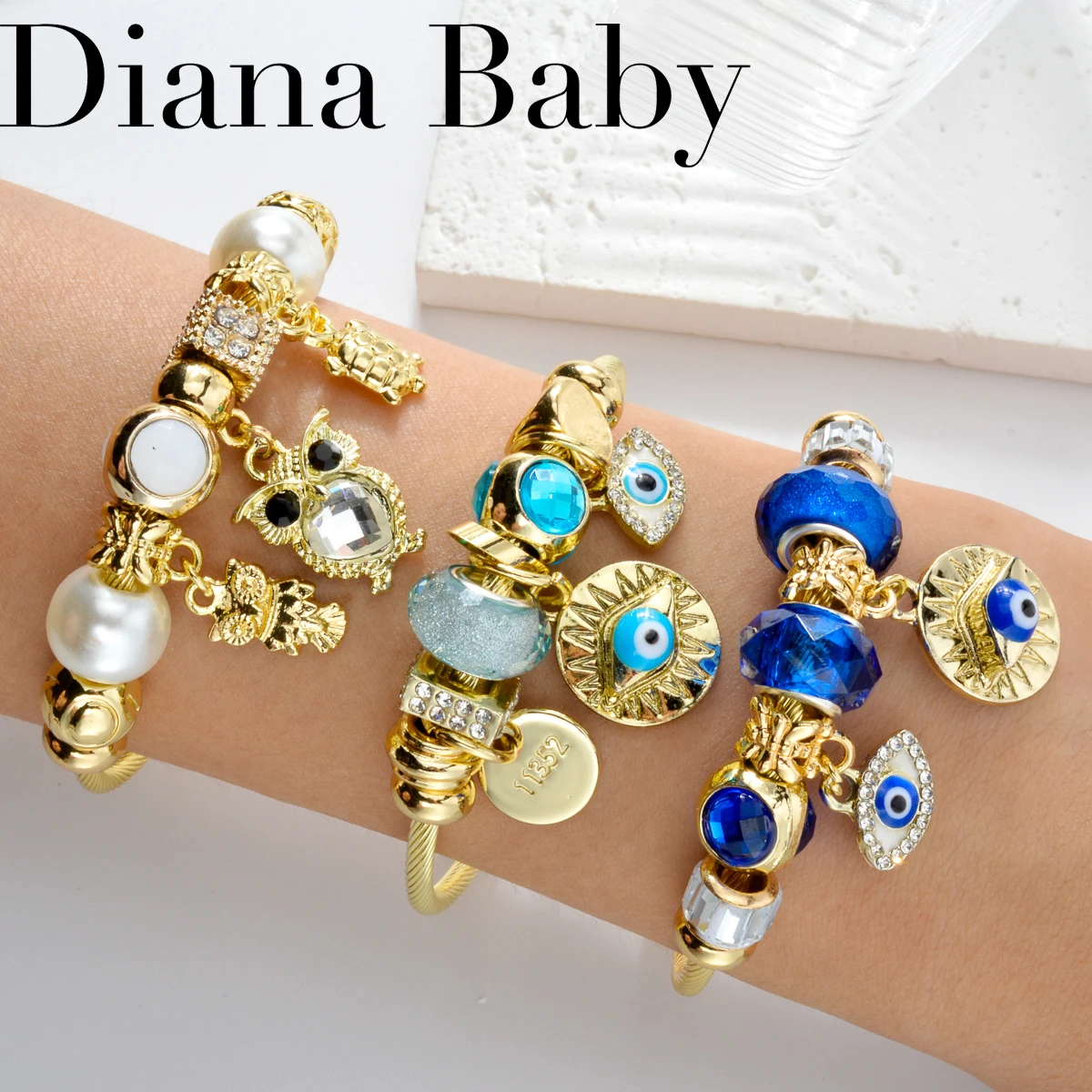 Diana Baby Gold Color Stainless Steel Bracelets Turkey Blue Evil Eye Bangle Pandora Bracelets For Women DIY Jewelry Production