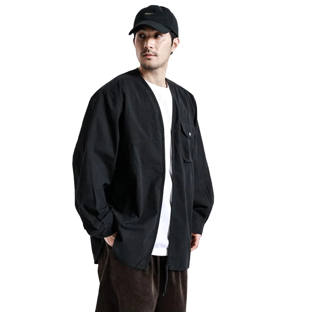 Men Pure Cotton Loose Casual Collarless Zipper Long Sleeve Cityboy Streetwear Oversize Amikaji Cargo Shirts Jacket Outerwear