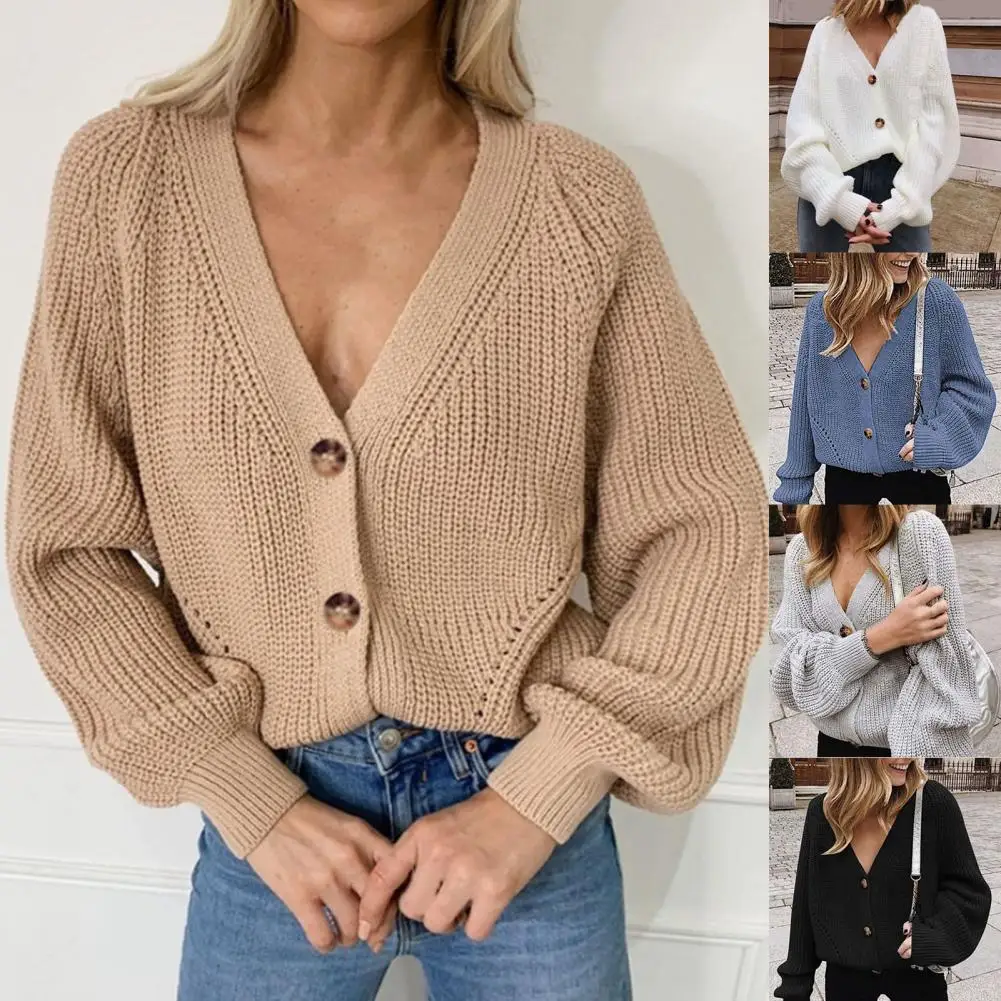 Knitted Cardigan Sweater Women Autumn Fashion Casual Long-sleeved Jacket V-neck Button Solid Color Top 2024