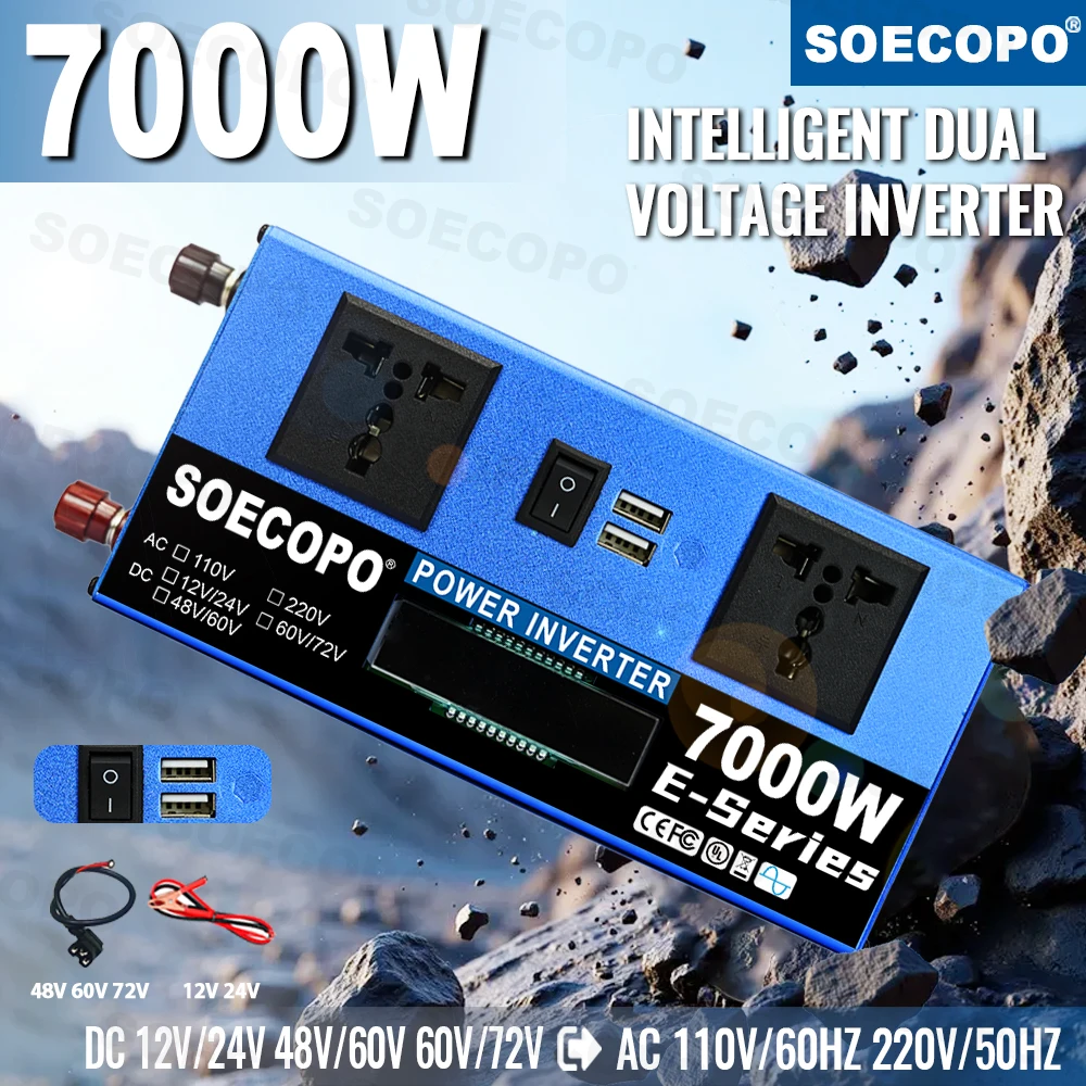 

Сертифицированный солнечный инвертор SOECOPO 7000 Вт, 12 В/24 В/48 В постоянного тока в 110 В/220 В переменного тока, 2 розетки (CE/FCC) — портативный для кемпинга, автофургона