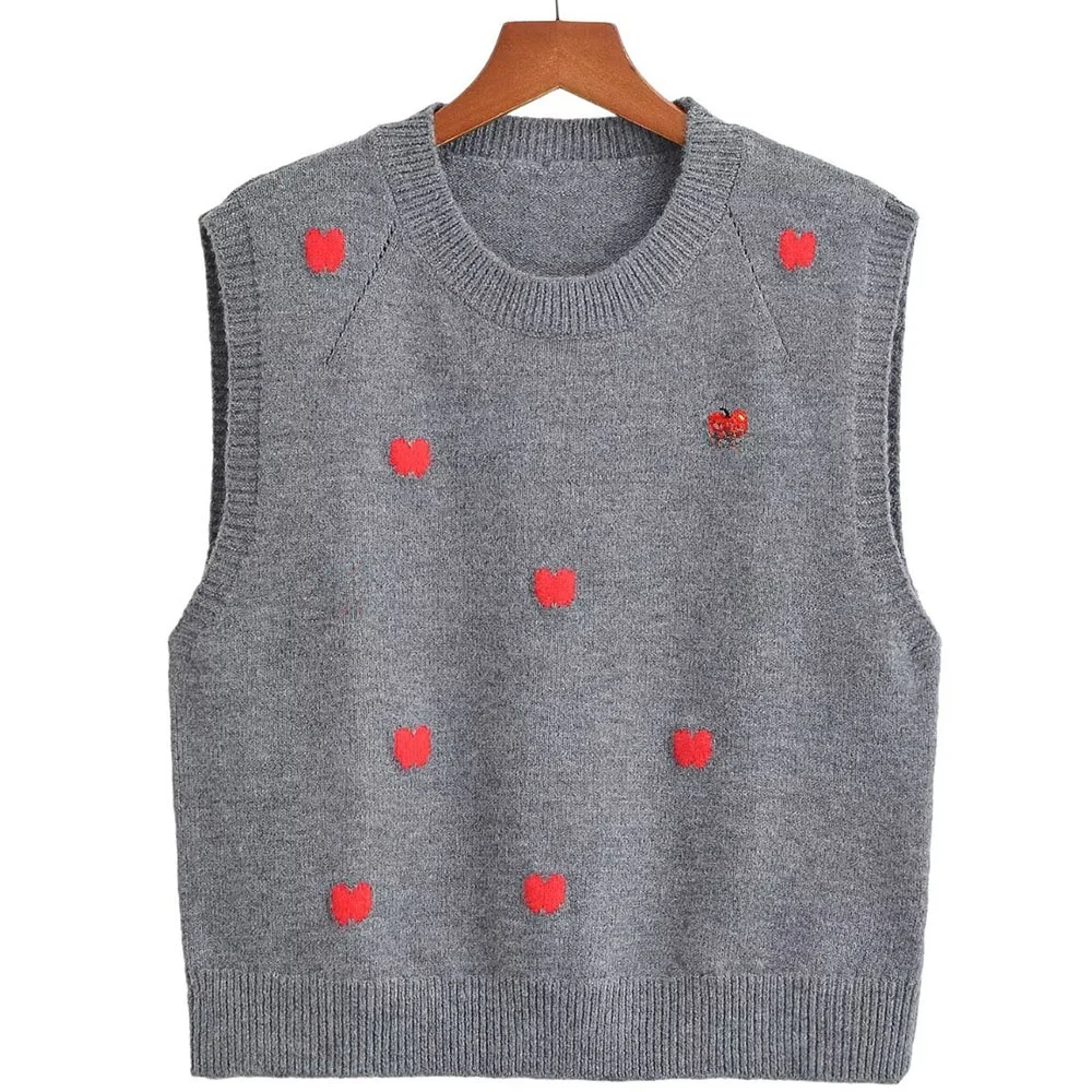 

Spring Autumn Ladies Embroidered Knitted round Neck Vest Casual Style Mixed Fabric Knitwear Comfortable Fit Single Piece