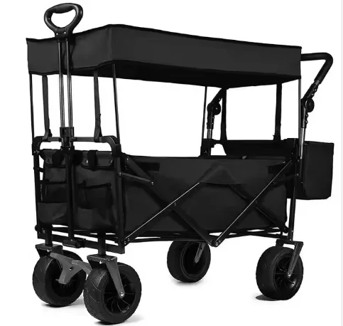 

Collapsible 4-Wheel Metal Foldable Trolley Cart with Canopy Outdoor Camping Utility Wagon for Garden Beach Shopping Storage Tool