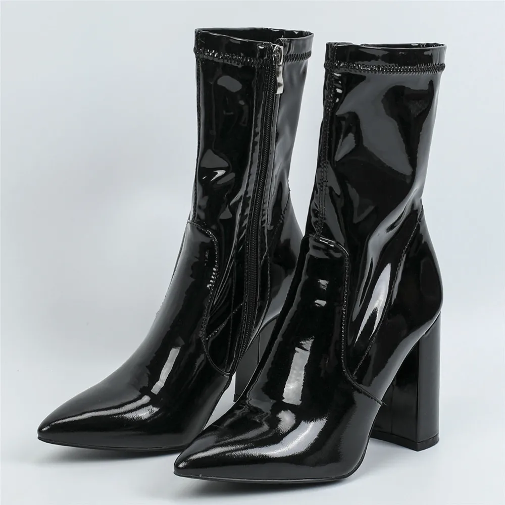 

Women Autumn Winter Ankle Boots for Woman's Pointed Toe Zipper-Sid Crude Heels Glossy Leather Short Botas Mujer 2025 Party Shoes