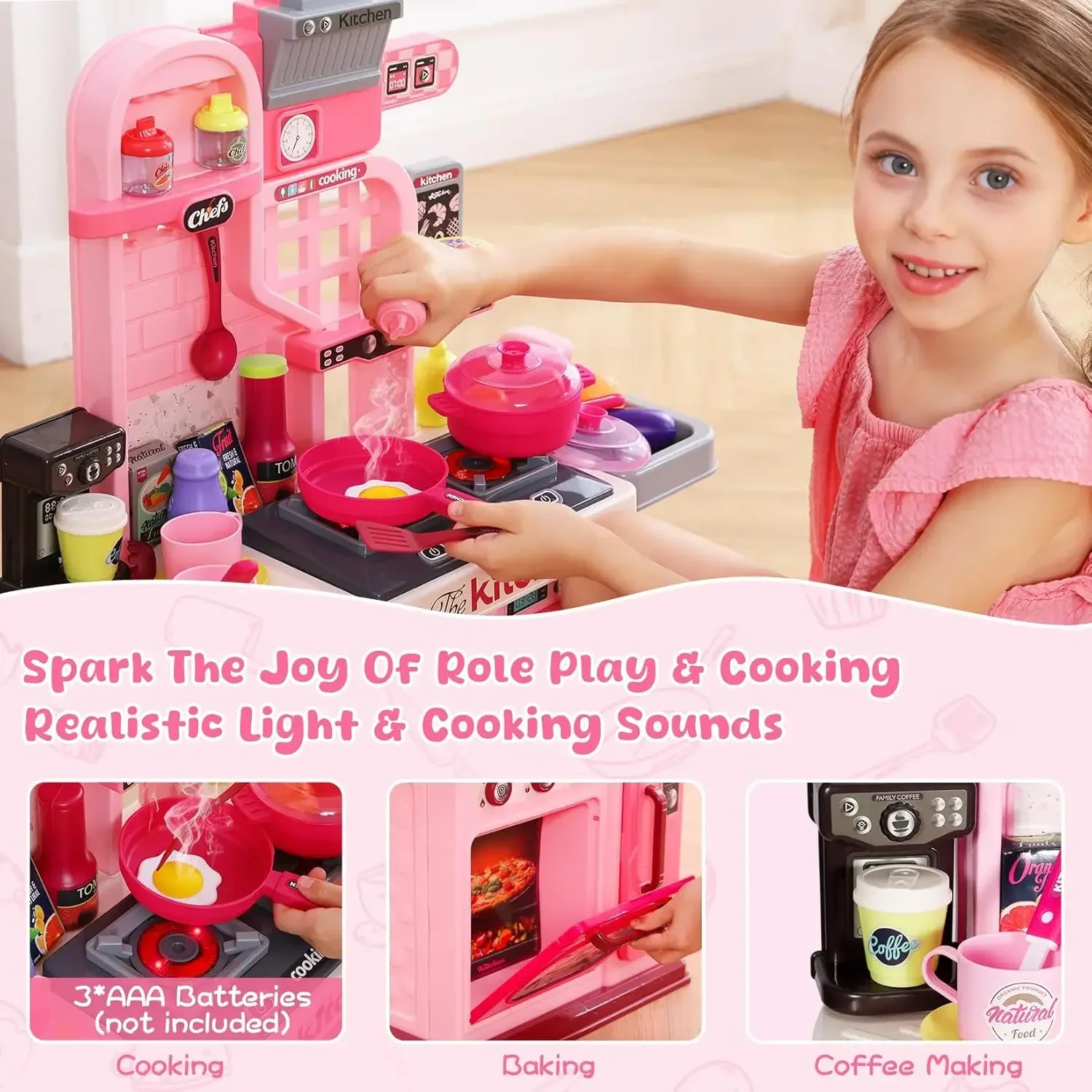Kinderkeukenspeelset, keukenset voor peuters 1-3 3-5, kookfornuis, speelgootsteen en keukenaccessoires, speelgoedkeuken (roze)