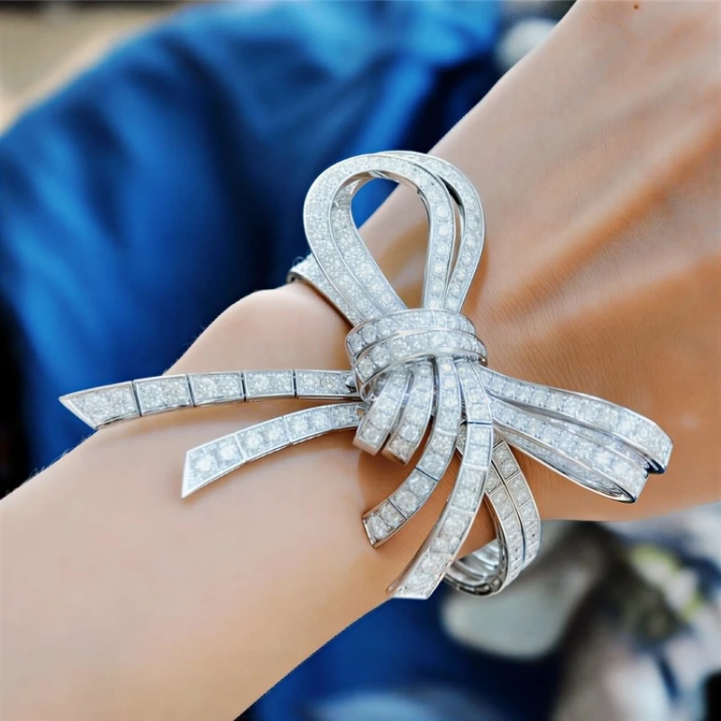 BELLUX Ribbon Hollow out Light Luxury Personalized Bracelet Full Diamond Bow S925 Pure Silver Bracelet for Women