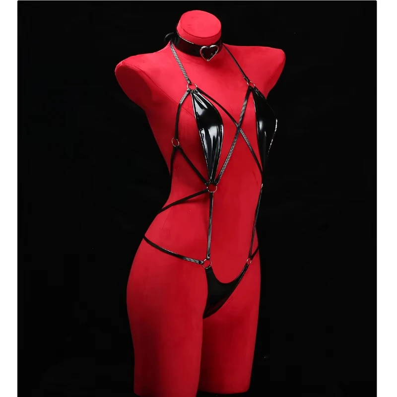 Anime Halter Leather Swimsuit for Girls, Cross Straps, Bandage Jumpsuit, Drum Suit, Lingerie Costumes, Hollow Out Pyjamas, Cosplay