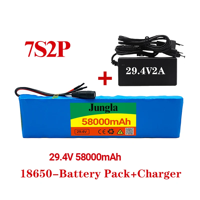 Batterie lithium-ion 7S2P 29.4V 58000mAh avec BMS 20a équilibré pour vélo et scooter électrique chargeur nouveau