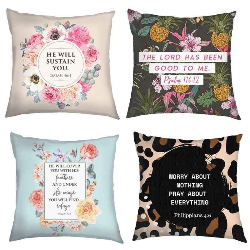 Flower Bible Verse Double-side Print Cushion Covers Christian Biblical Proverbs Pillowcase Home Decor Sofa Bedroom Pillow Cover