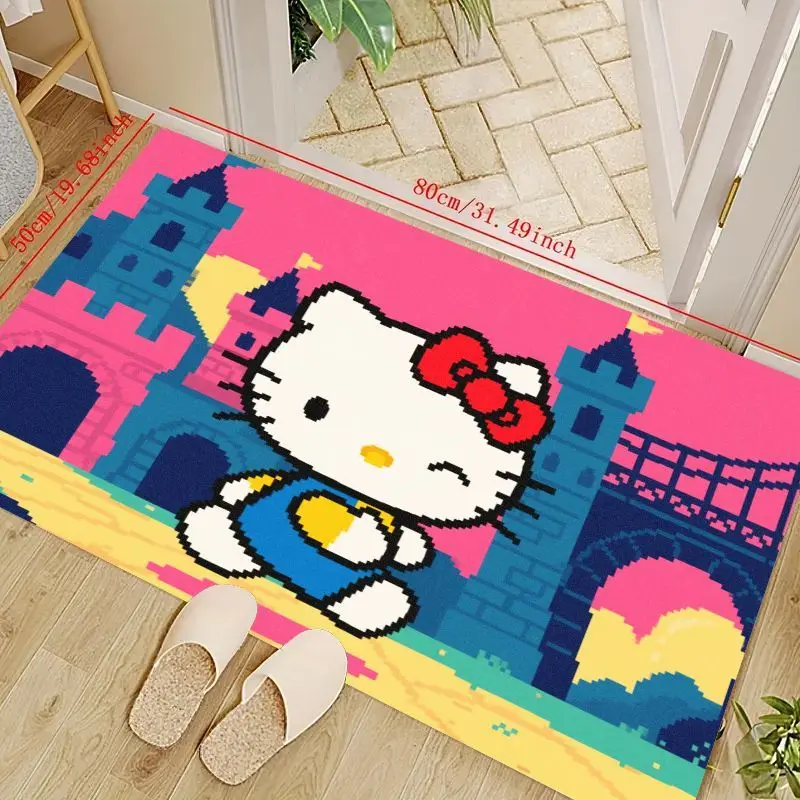 

1PC Hello Kitty Pixel Art Floor Mat 50x80cm/19.68x31.49in, Cute Kawaii Castle Theme Non-Slip Washable Area Rug for Kids Room, Gi