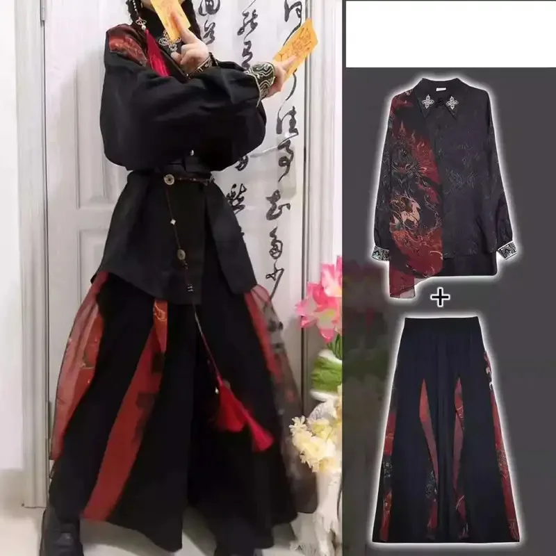 النمط الصيني الجديد تحسين Guofeng قميص الصين شيك Wuxia نمط واسعة الساق التنانير والسراويل هان عناصر قميص زي القديمة