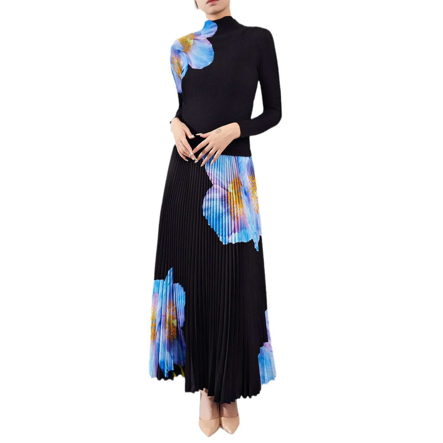 Miyake Elegant and Fashionable Printed Pleated Set Women\'s New Elastic Top Half Skirt Two Piece Loose Slim Set Skirt