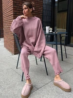 DEAT Fashion Knitted 2 Piece Set Women's Round Neck Loose Ripped Sweater High Waist Loose Pants Suit Autumn New 7A1114 - Image 2