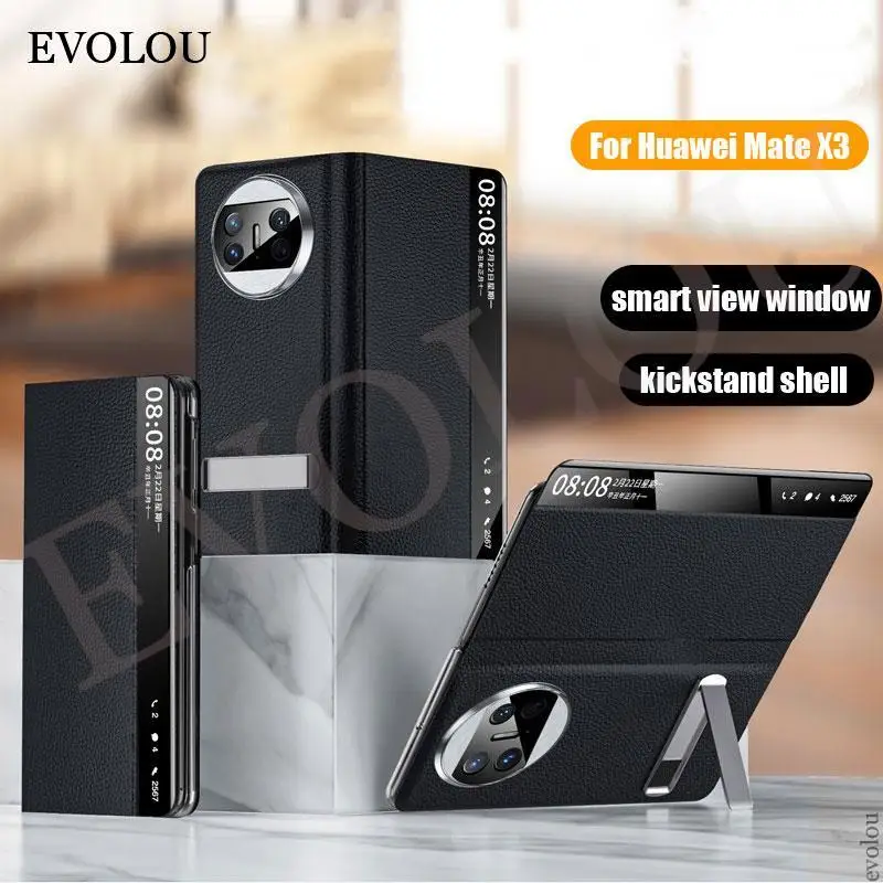 

Plain PU Litchi Leather Kickstand Fold Case For Huawei Mate X3 Smart View Window Shockproof Holder Cover For Huawei Matex3 X 3