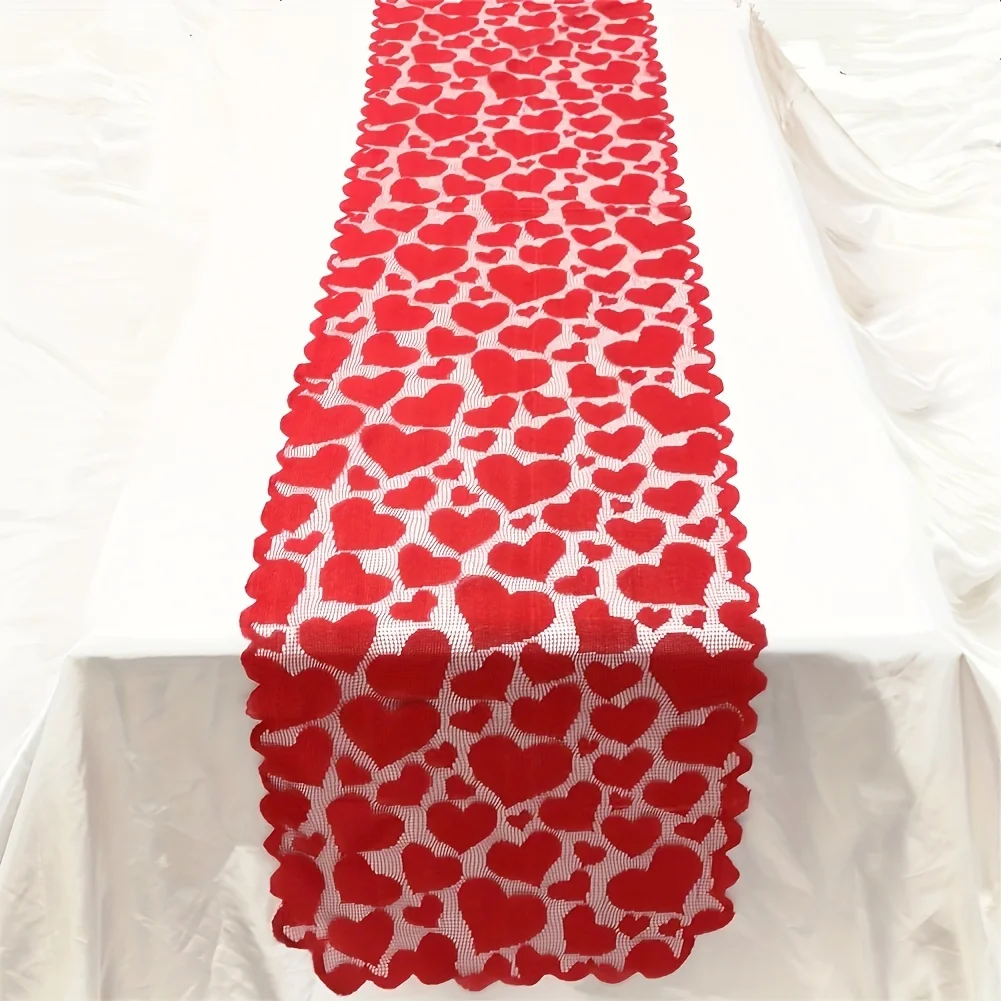 1pc Romantic Red Heart Lace Valentine\'s Day Table Runner for Home Table Decoration