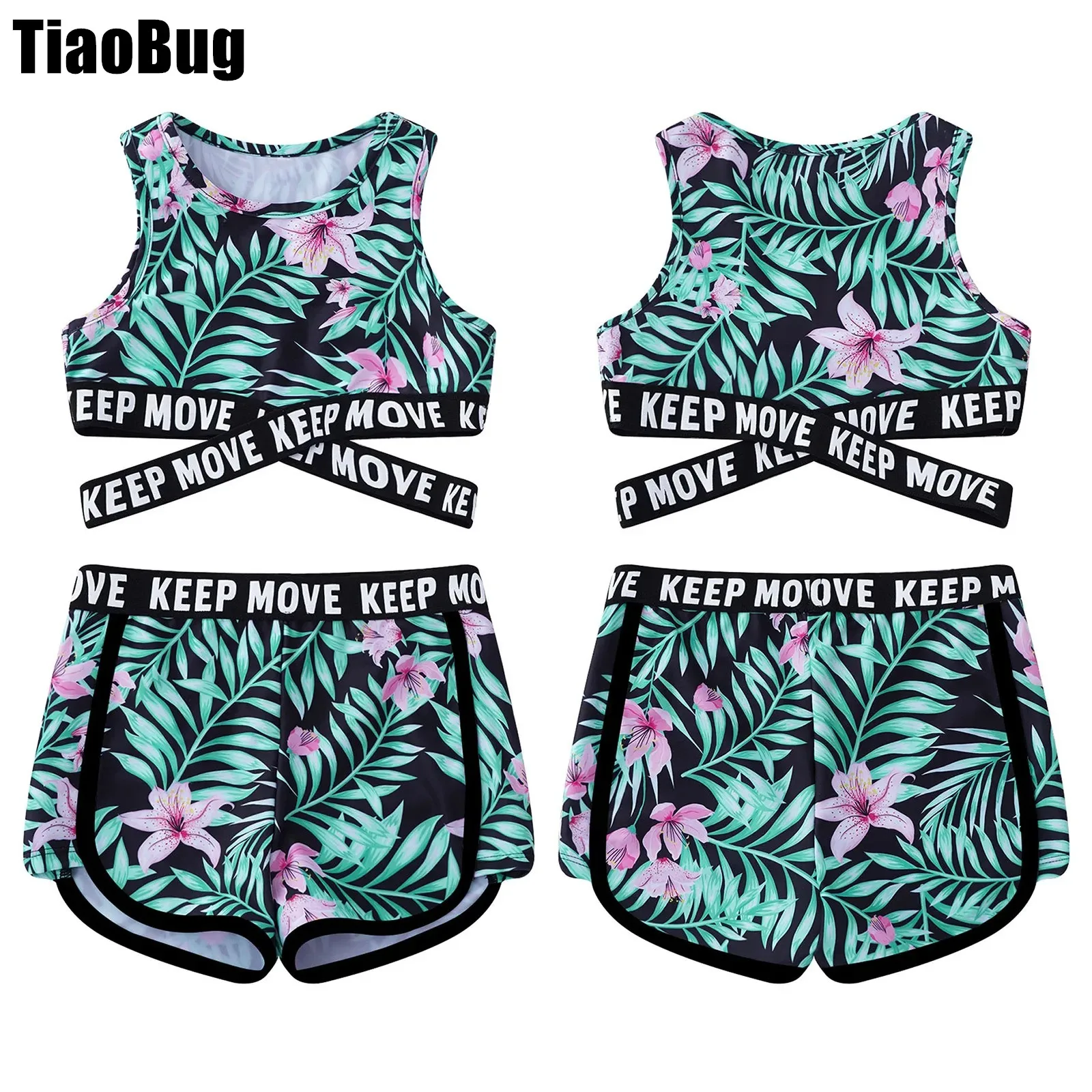 Kids Girls Plant Printing Swim Set Round Neck Sleeveless Cross Sash Crop Tops And Shorts Set Beach Pool Swimming Bathing