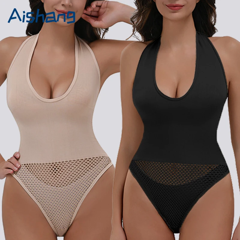 Women Seamless Bodysuit Shapewear Tummy Control Halter Neck Tank Top Backless Body Shaper Thongs Underwear Slim Waist Trainer