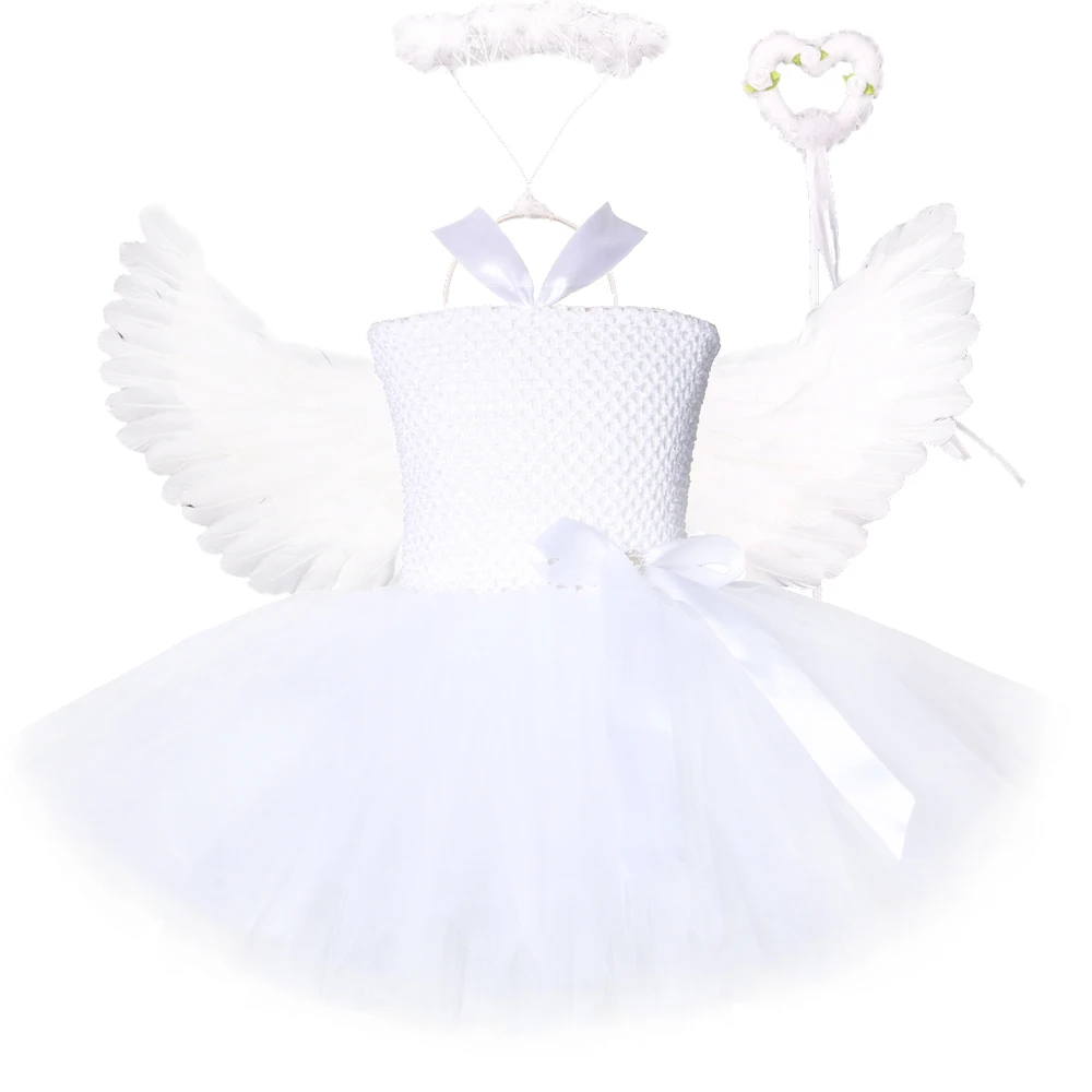 

White Angel Costumes for Girls Princess Fairy Tutu Dress with Feather Wings Halloween Outfit for Kids Christmas Holiday Clothes